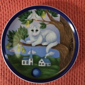 Arzberg Miniture Trinket Plate with White Cat On Tree Branch Church